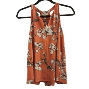 LOFT Orange Floral Blouse Keyhole V Neck Racerback Draped